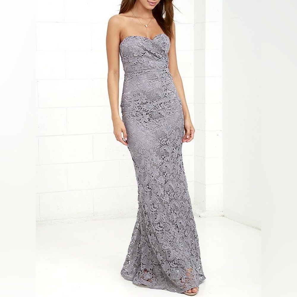 Lulus Inherent Beauty Grey Lace Strapless Maxi Dress
